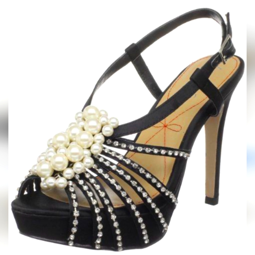Pour La Victoire Black Heels with High Stiletto and Rhinestone Straps